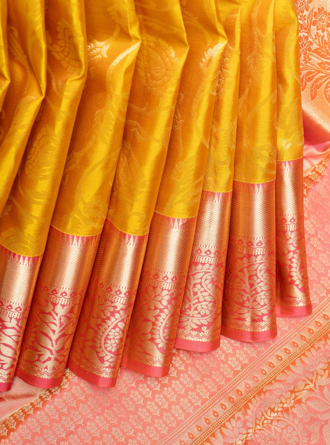 Pastel Yellow and Peach Brocade Kanchipuram Pattu Silk Saree - Clio Silks