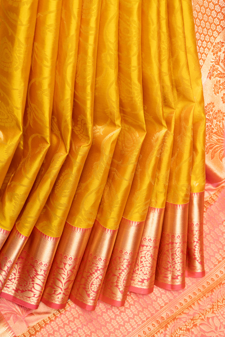 Pastel Yellow and Peach Brocade Kanchipuram Pattu Silk Saree - Clio Silks