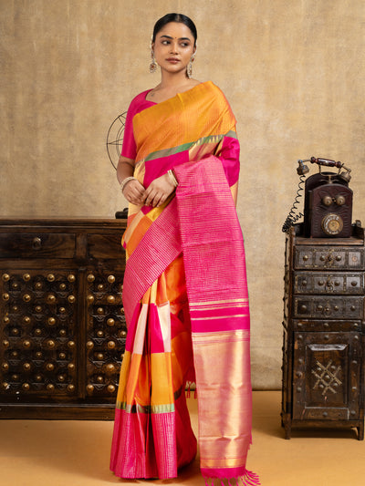 Magenta and Mustard Yellow Multichecks Pure Kanchipuram Silk Saree