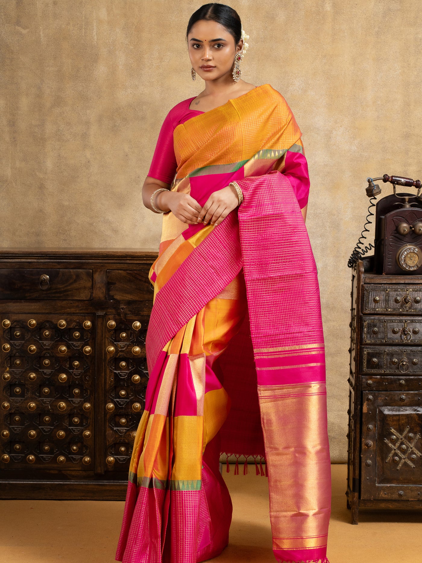 Magenta and Mustard Yellow Multichecks Pure Kanchipuram Silk Saree