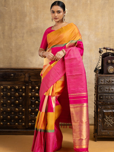 Magenta and Mustard Yellow Multichecks Pure Kanchipuram Silk Saree