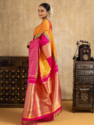 Magenta and Mustard Yellow Multichecks Pure Kanchipuram Silk Saree