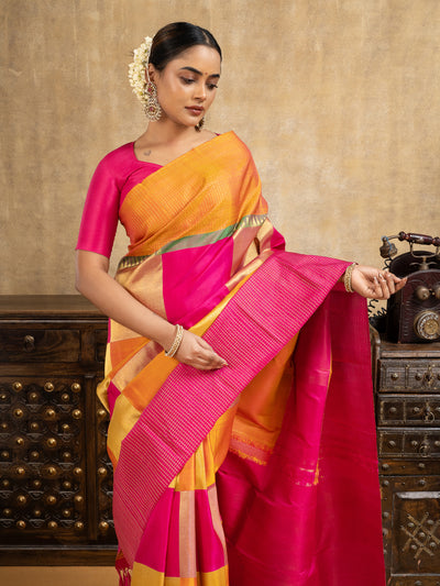 Magenta and Mustard Yellow Multichecks Pure Kanchipuram Silk Saree