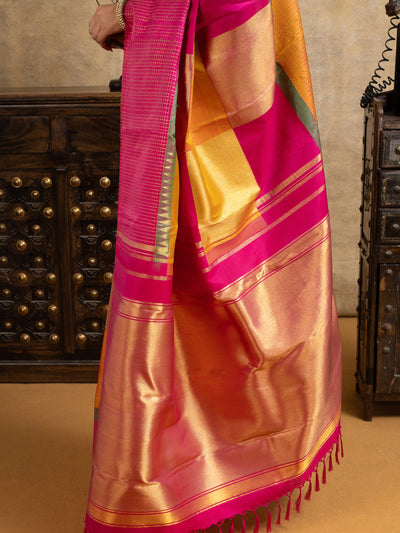 Magenta and Mustard Yellow Multichecks Pure Kanchipuram Silk Saree