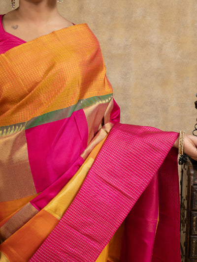 Magenta and Mustard Yellow Multichecks Pure Kanchipuram Silk Saree