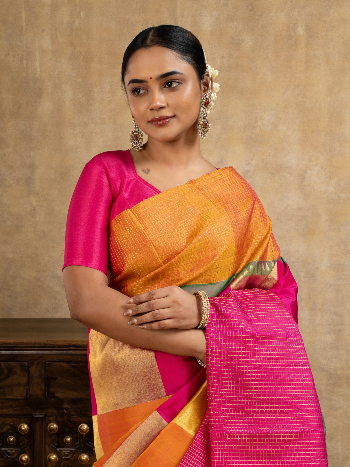 Magenta and Mustard Yellow Multichecks Pure Kanchipuram Silk Saree