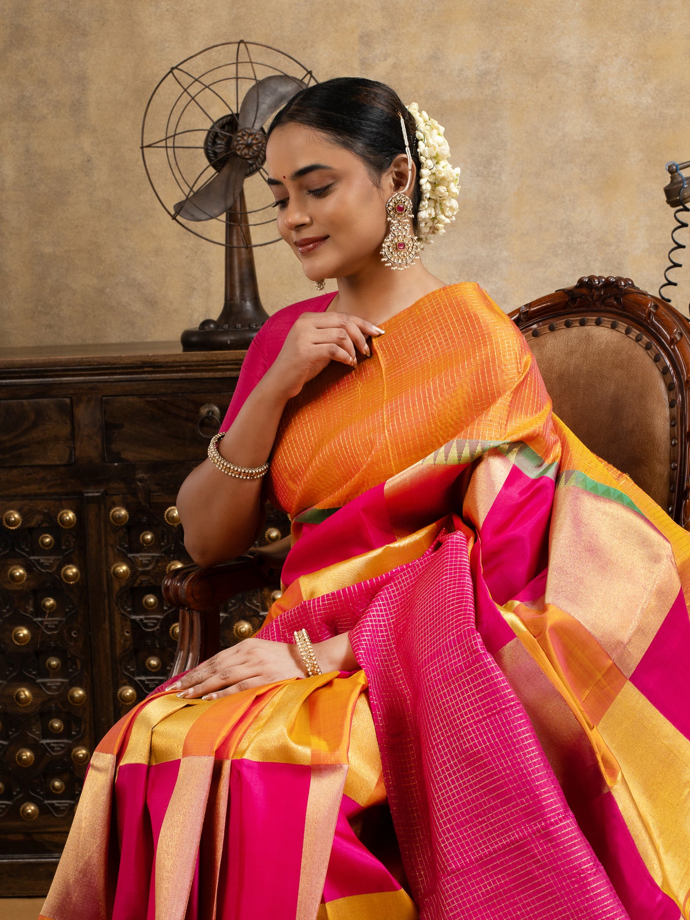 Magenta and Mustard Yellow Multichecks Pure Kanchipuram Silk Saree