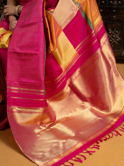 Magenta and Mustard Yellow Multichecks Pure Kanchipuram Silk Saree