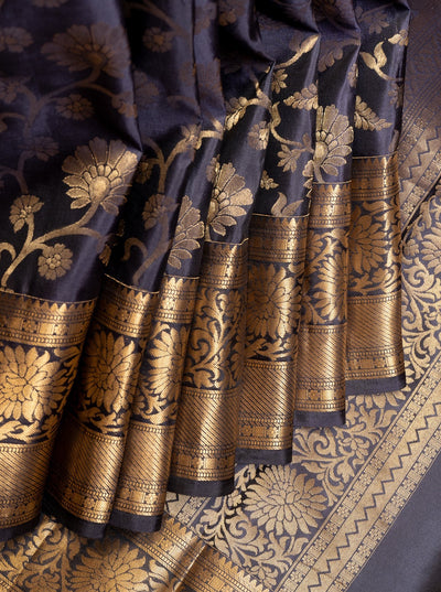 Navy Blue Floral Brocade Pure Kanchipuram Silk Saree - Clio Silks