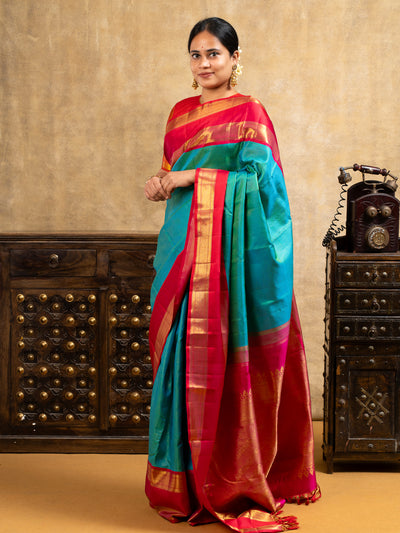 Peacock Green and Red Pure Kanchipuram Silk Saree