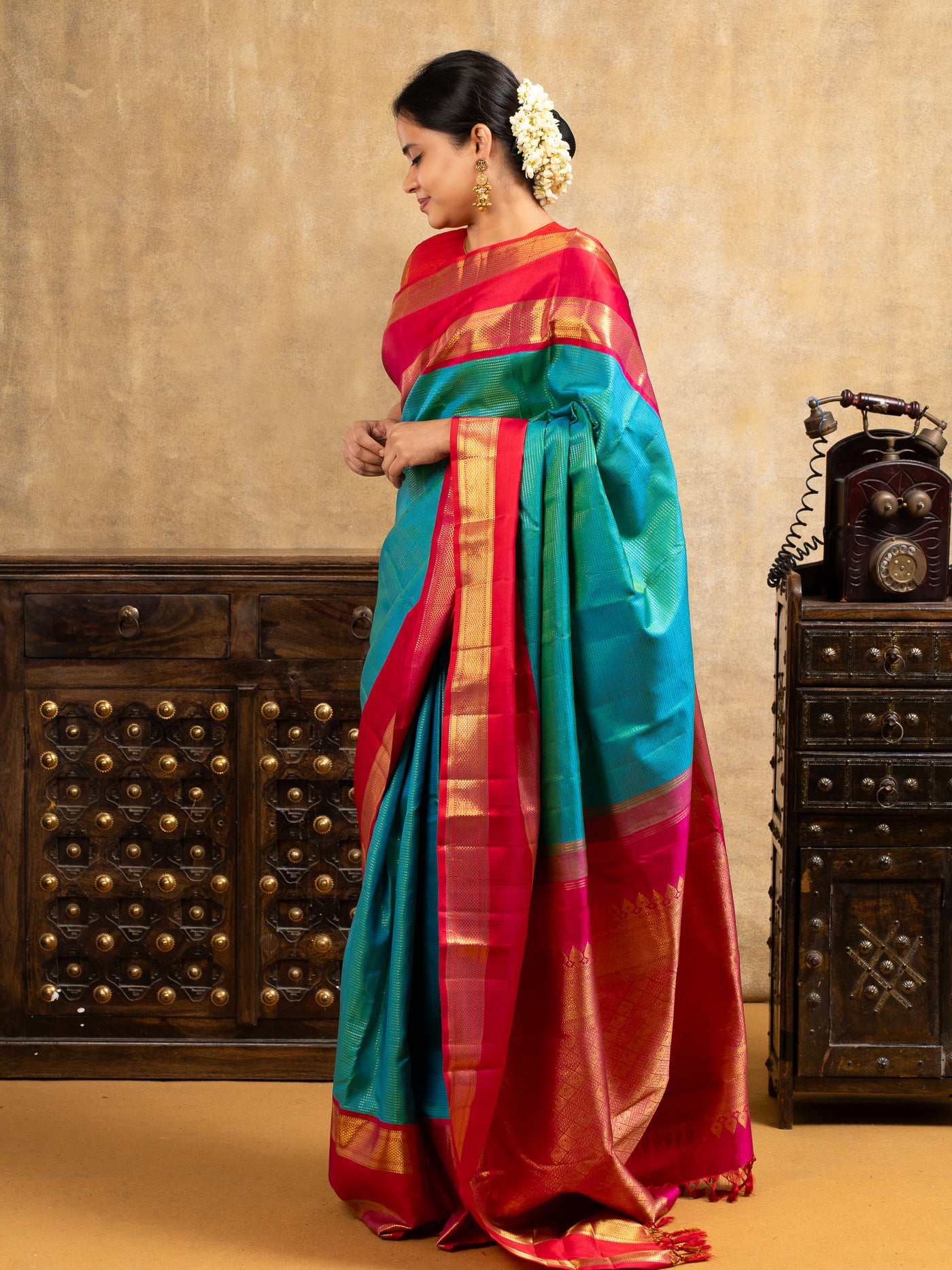 Peacock Green and Red Pure Kanchipuram Silk Saree