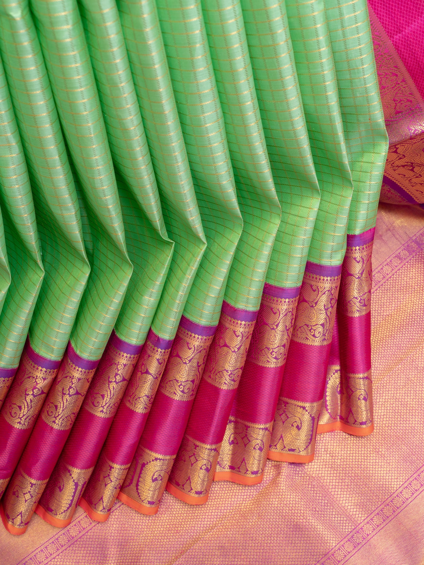 Recons green pure zari rettai pettu pure Kanchipuram silk saree