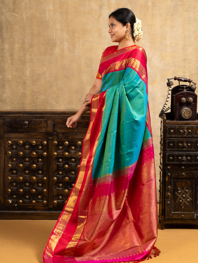 Peacock Green and Red Pure Kanchipuram Silk Saree