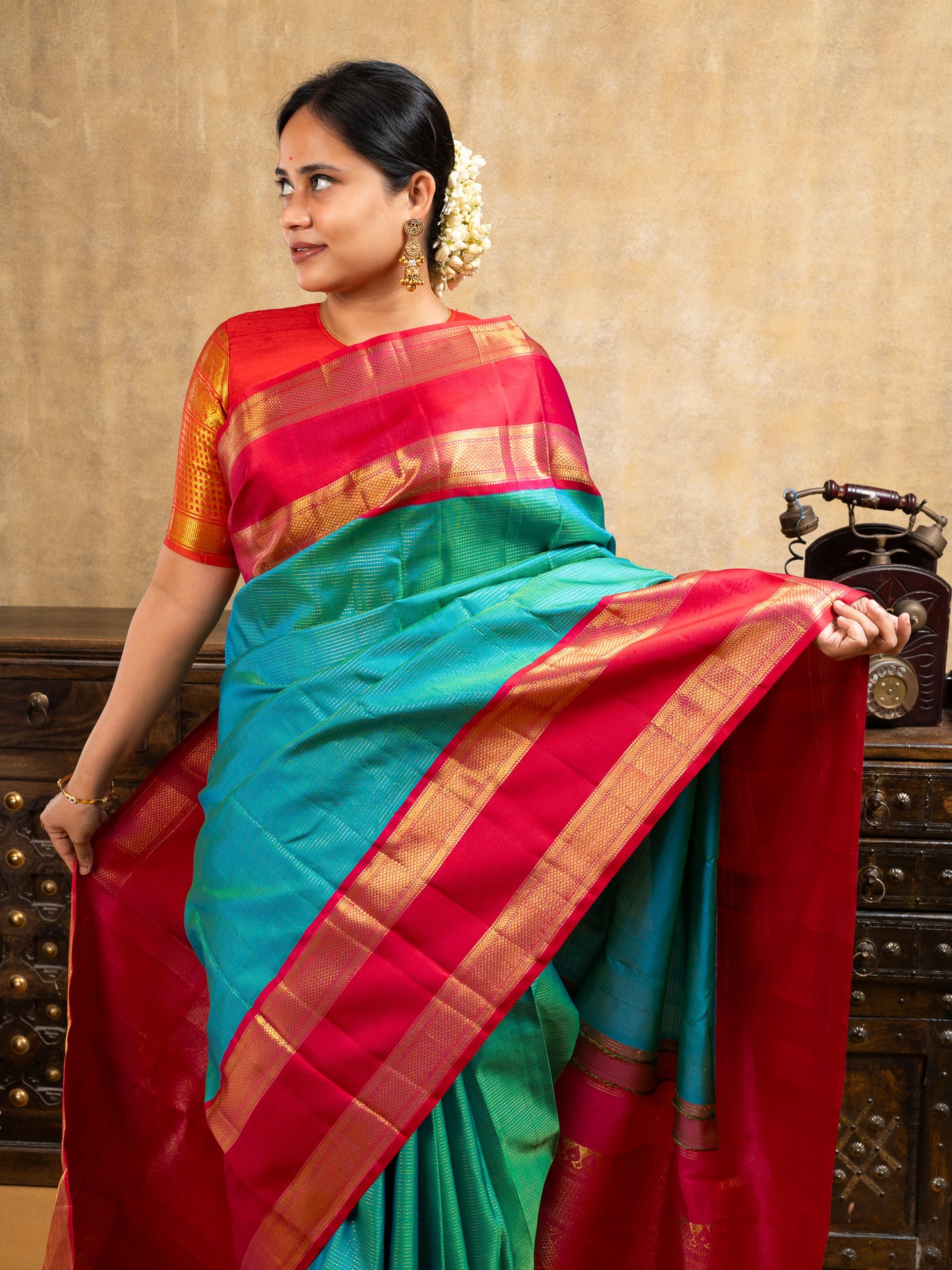 Peacock Green and Red Pure Kanchipuram Silk Saree