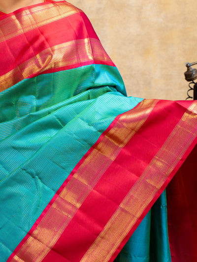 Peacock Green and Red Pure Kanchipuram Silk Saree