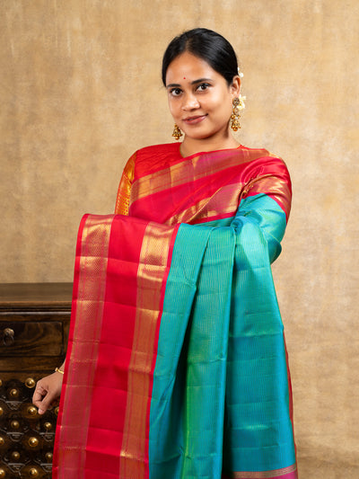 Peacock Green and Red Pure Kanchipuram Silk Saree