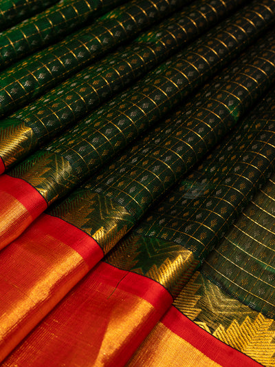 Bottle Green and Red Handloom Silk Cotton Saree - Clio Silks