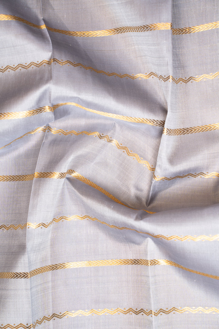 Silver Grey Stripes Pure Kanchipuram Silk Saree - Clio Silks
