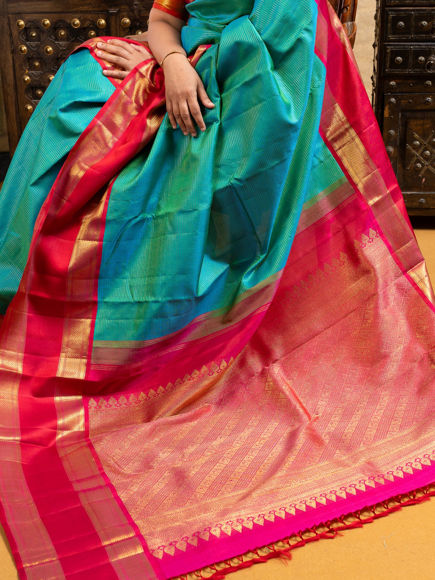 Peacock Green and Red Pure Kanchipuram Silk Saree