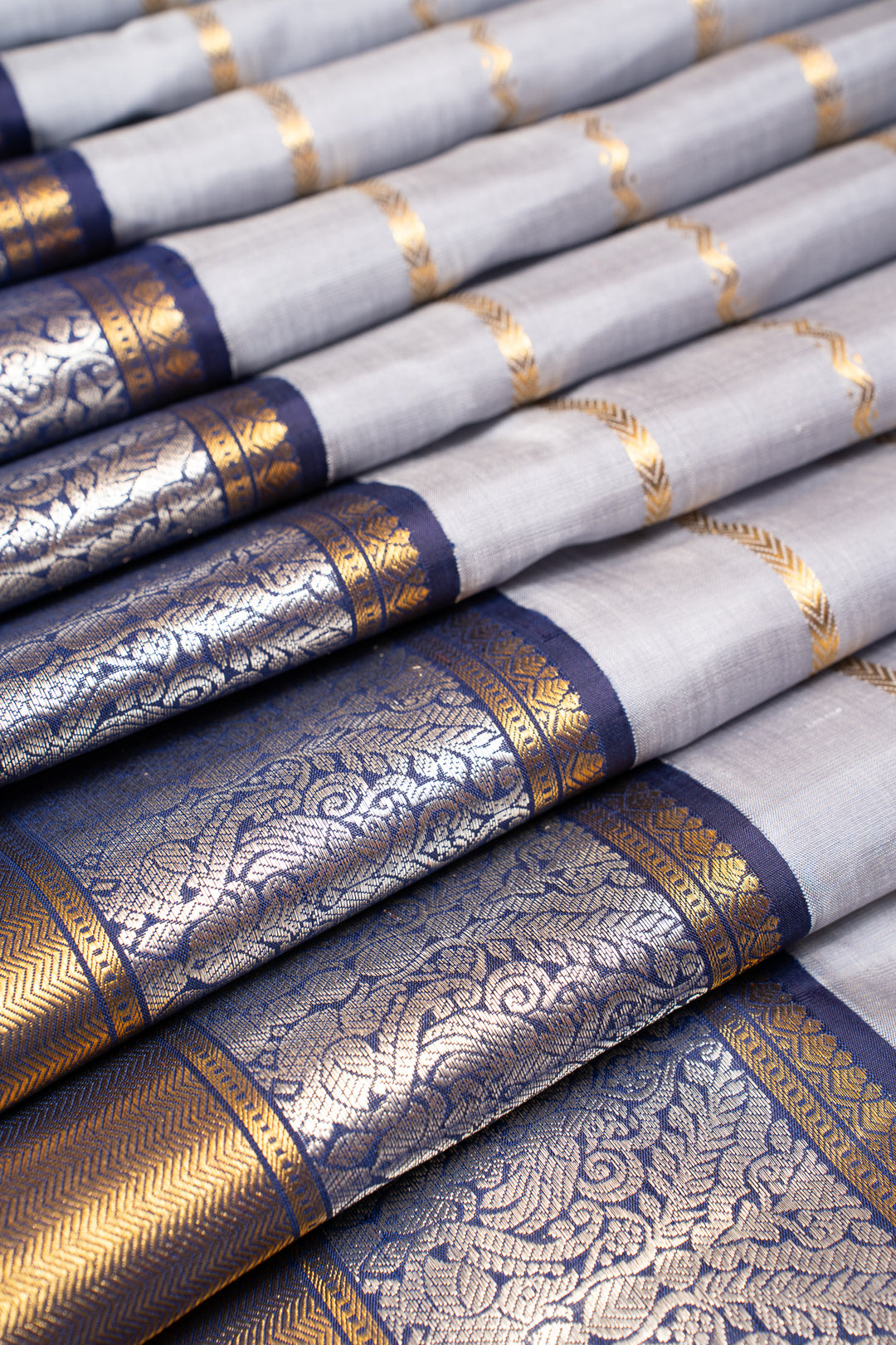 Silver Grey Stripes Pure Kanchipuram Silk Saree - Clio Silks
