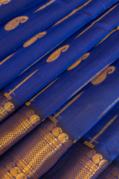 Ink blue zari motifs pure silk cotton saree