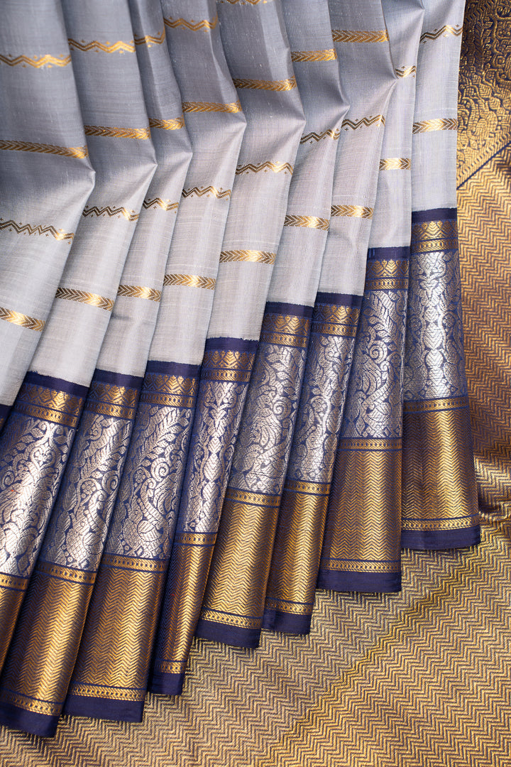 Silver Grey Stripes Pure Kanchipuram Silk Saree - Clio Silks