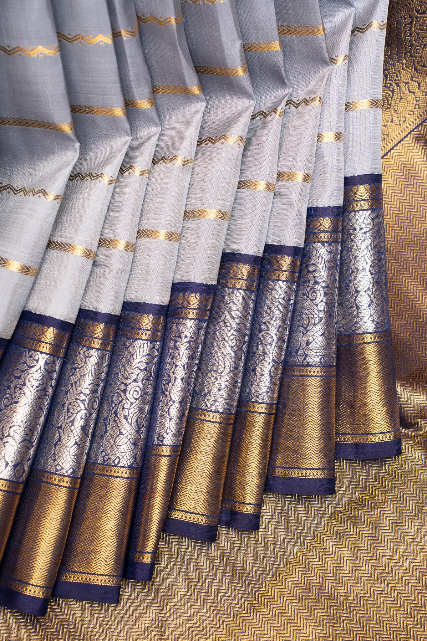 Silver Grey Stripes Pure Kanchipuram Silk Saree - Clio Silks