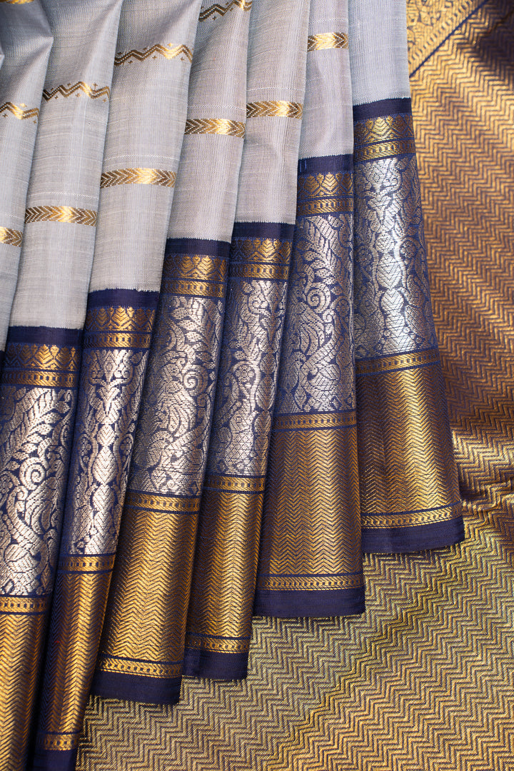 Silver Grey Stripes Pure Kanchipuram Silk Saree - Clio Silks