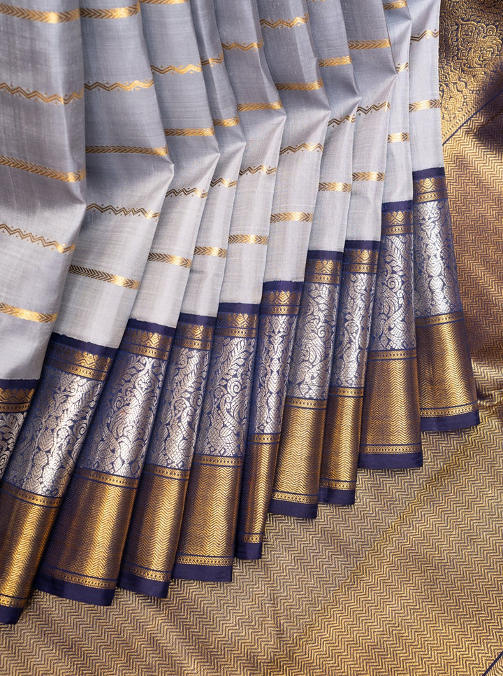 Silver Grey Stripes Pure Kanchipuram Silk Saree - Clio Silks
