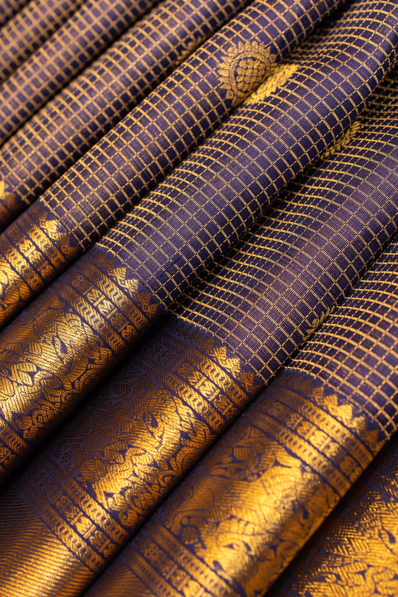 Indigo purple zari checks pure kanjivaram silk saree