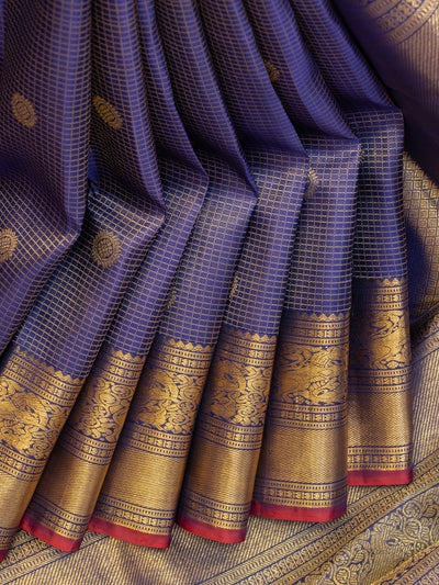 Indigo purple zari checks pure kanjivaram silk saree