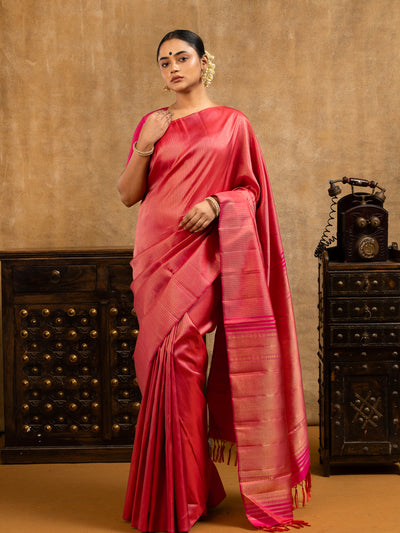 Reddish Pink Zari Stripes Pure Kanchipuram Silk Saree