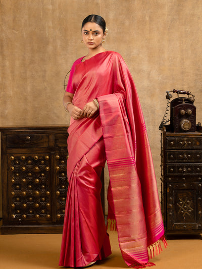Reddish Pink Zari Stripes Pure Kanchipuram Silk Saree