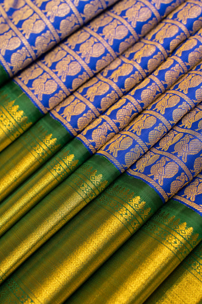 Vintage blue and green ayiram annam brocade pure kanjivaram silk saree