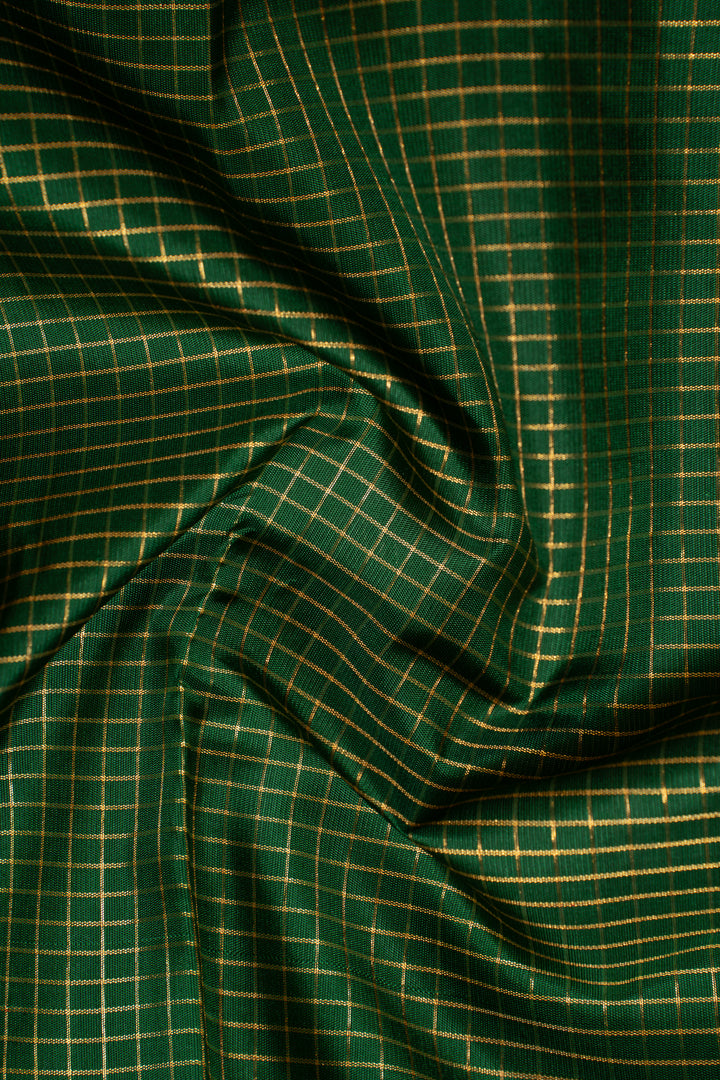 Bottle Green and Orange Pure Zari Checks Kanchipuram Silk Saree - Clio Silks