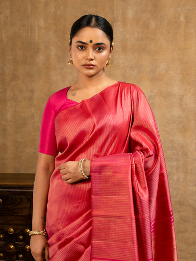 Reddish Pink Zari Stripes Pure Kanchipuram Silk Saree