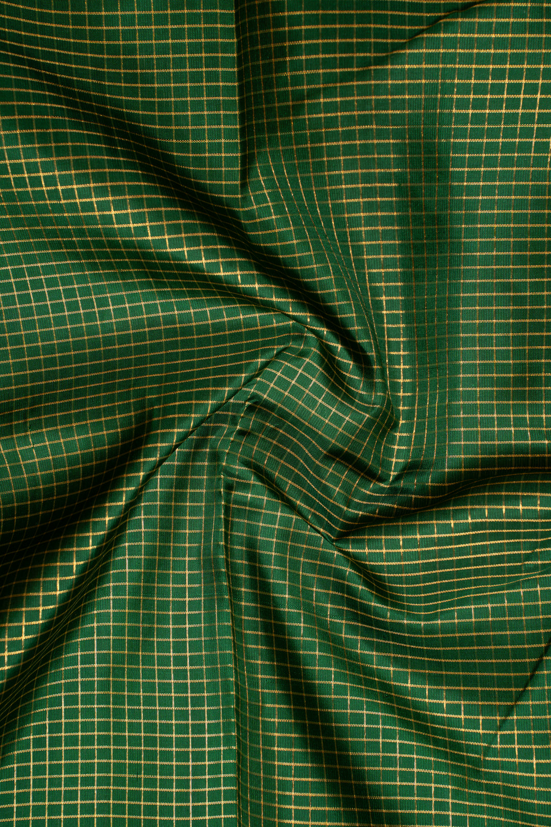 Bottle Green and Orange Pure Zari Checks Kanchipuram Silk Saree - Clio Silks