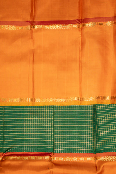 Bottle Green and Orange Pure Zari Checks Kanchipuram Silk Saree - Clio Silks