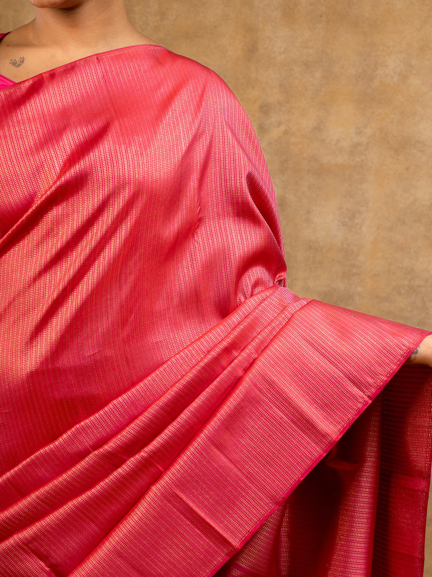 Reddish Pink Zari Stripes Pure Kanchipuram Silk Saree