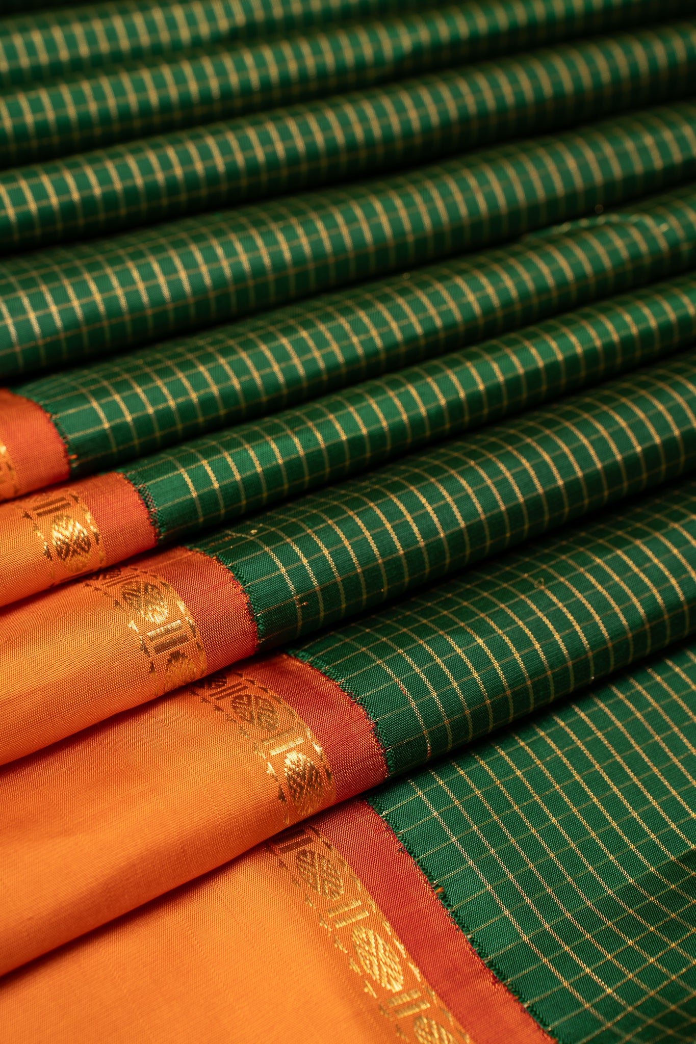 Bottle Green and Orange Pure Zari Checks Kanchipuram Silk Saree - Clio Silks