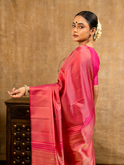 Reddish Pink Zari Stripes Pure Kanchipuram Silk Saree