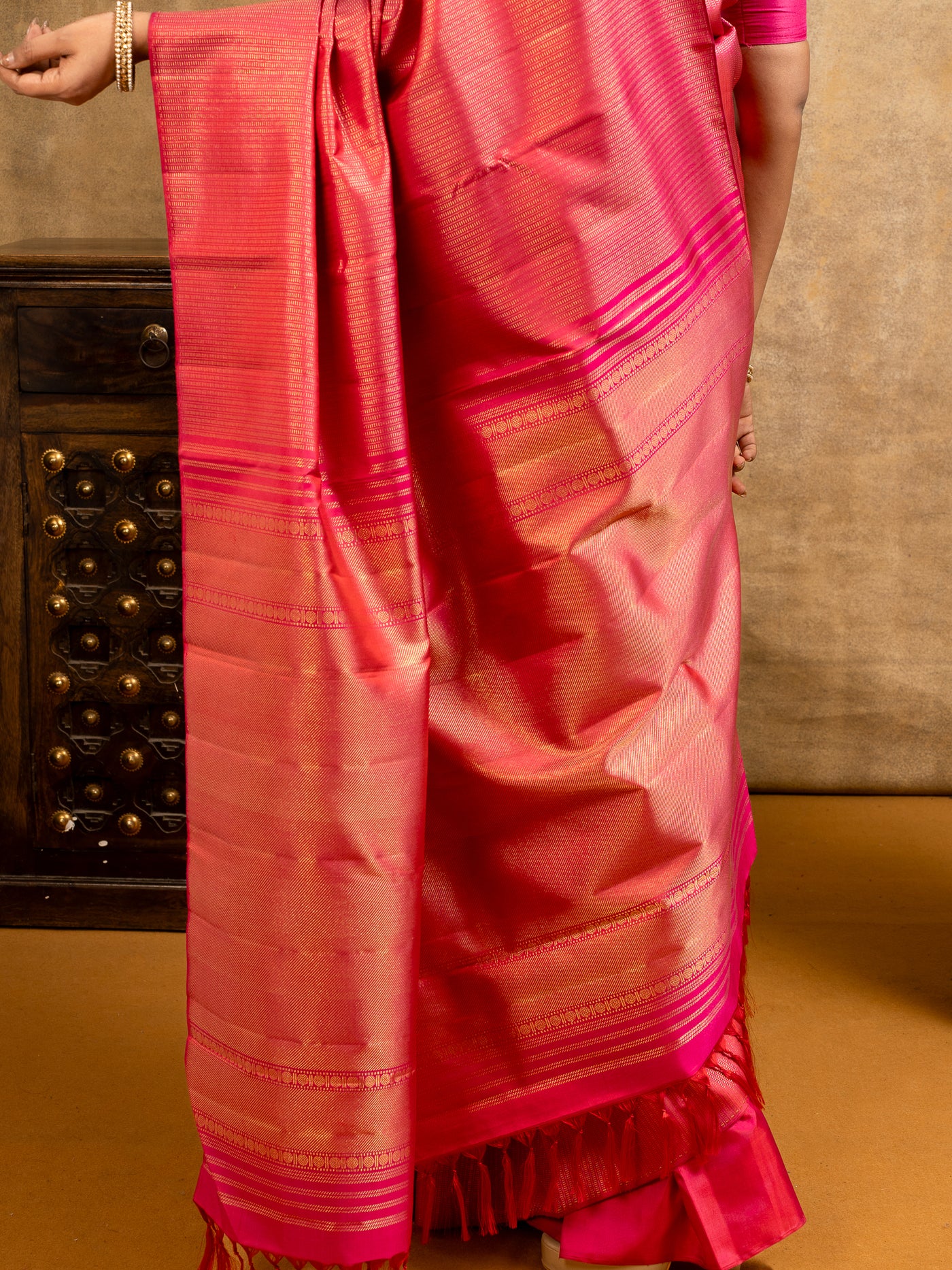 Reddish Pink Zari Stripes Pure Kanchipuram Silk Saree