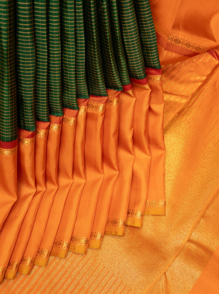 Bottle Green and Orange Pure Zari Checks Kanchipuram Silk Saree - Clio Silks