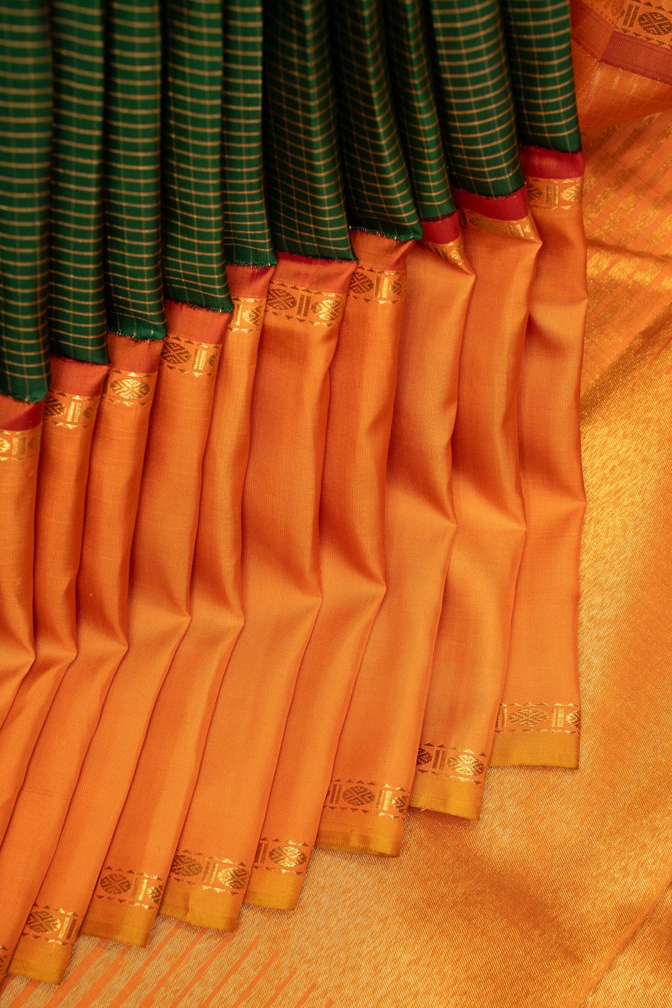 Bottle Green and Orange Pure Zari Checks Kanchipuram Silk Saree - Clio Silks