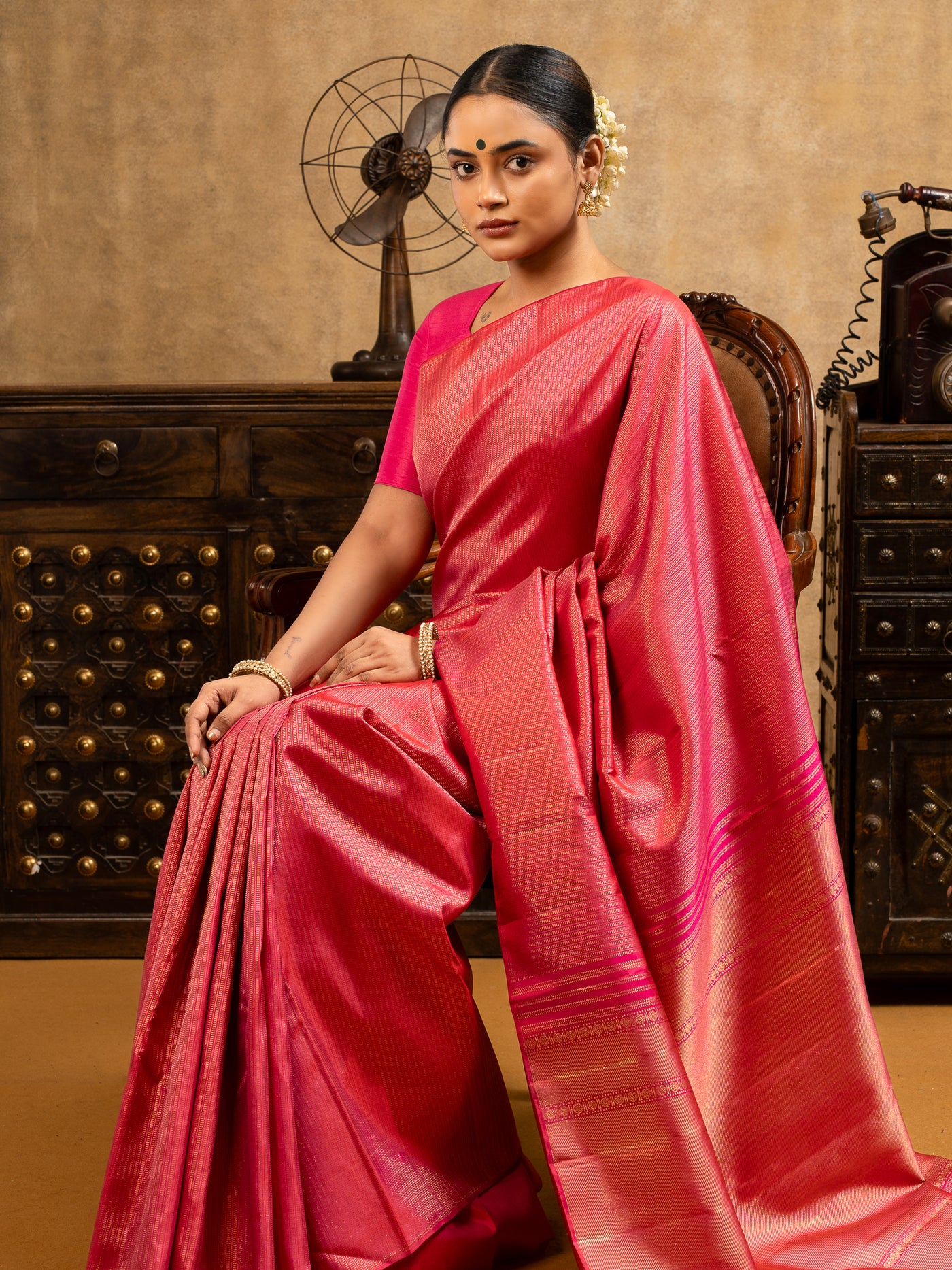 Reddish Pink Zari Stripes Pure Kanchipuram Silk Saree