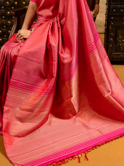 Reddish Pink Zari Stripes Pure Kanchipuram Silk Saree