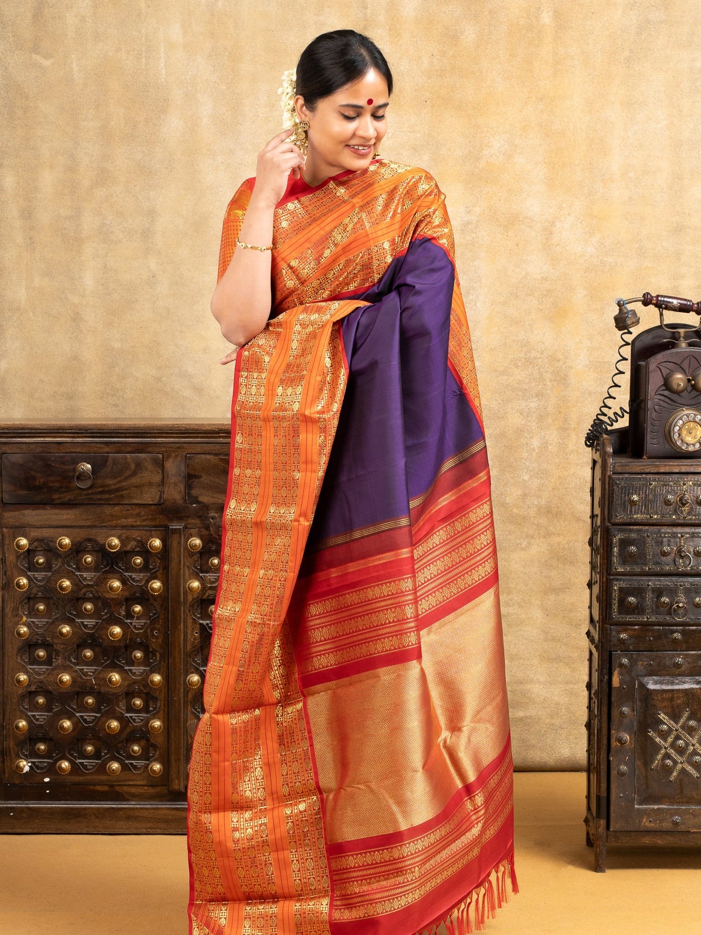 Aubergine Purple and Orange Pure Zari Kanchipuram Silk Saree