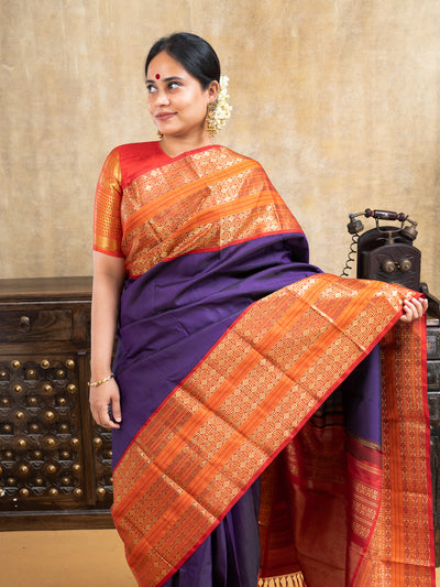 Aubergine Purple and Orange Pure Zari Kanchipuram Silk Saree