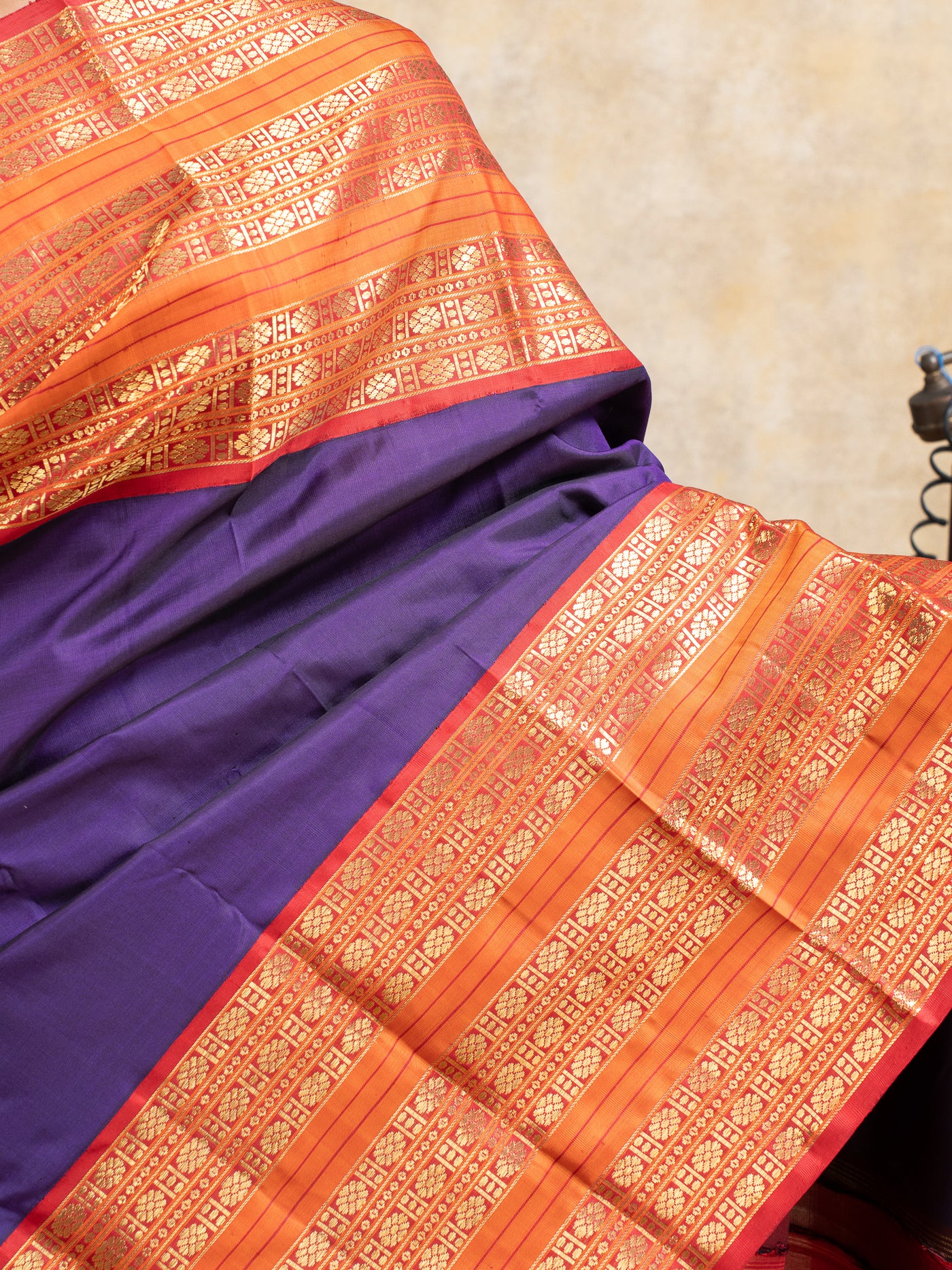 Aubergine Purple and Orange Pure Zari Kanchipuram Silk Saree