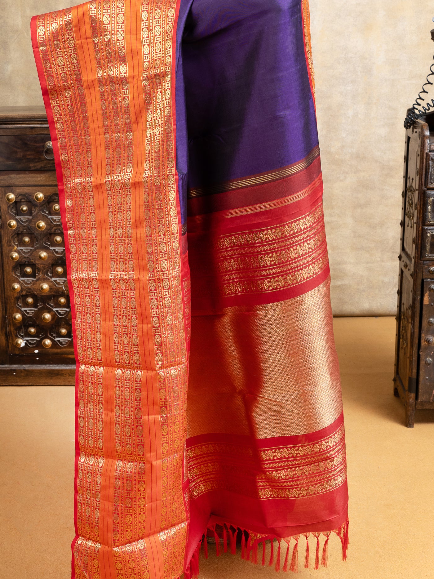 Aubergine Purple and Orange Pure Zari Kanchipuram Silk Saree